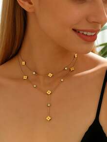 2pcs Lucky Clover Pendant Clavicle Necklace, Elegant Stainless Steel Four-Leaf Plum Blossom Hollow Pendant Necklace, Rhinestone Cubic Zirconia Decor Y-Shaped Necklace, Suitable For Women, Everyday Wear Or Valentine's Day Gift - Gold - View 3