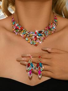 3件套女士时尚首饰 - 耳环+项链，波西米亚风蓝色水钻闪亮高端时尚首饰套装，派对/礼物