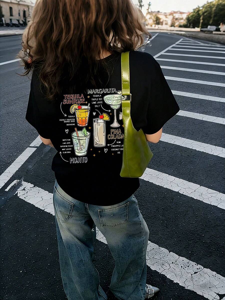 Women's Summer Cocktails And Slogan Graphic Round Neck Short Sleeved T Shirt ,Casual Loose And Versatile Holiday Style Tops,Fashionable Summer Outfits Suitable For Daily Holiday Wear