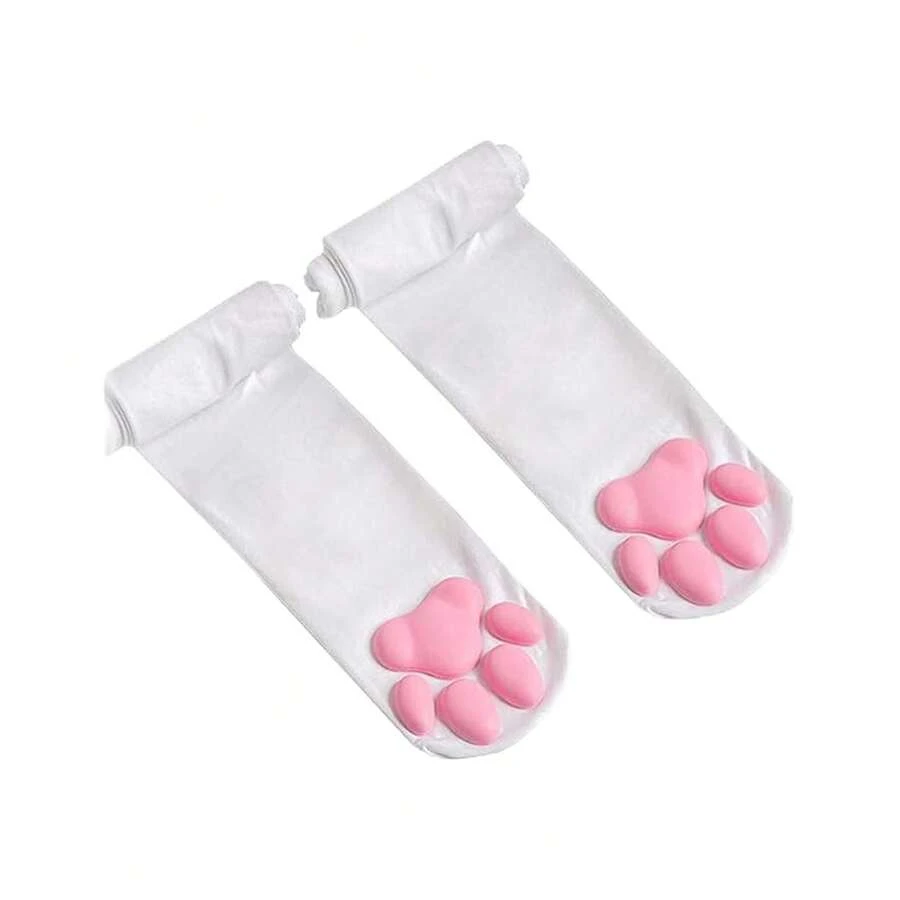 1 Pair 3D Cat Paw Meat Pad Knee High Socks, Home Floor Socks,Creative Funny Socks For Girls - trắng - Xem 1