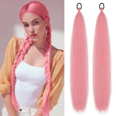 2 Pcs Braid Ponytail Extension With Elastic Tie Straight Sleek Wrap Around Braid Hair Extensions Ponytail Natural Soft Synthetic Hairpiece Blue Gradient 26 Inch Valentine's Day,Music Festival