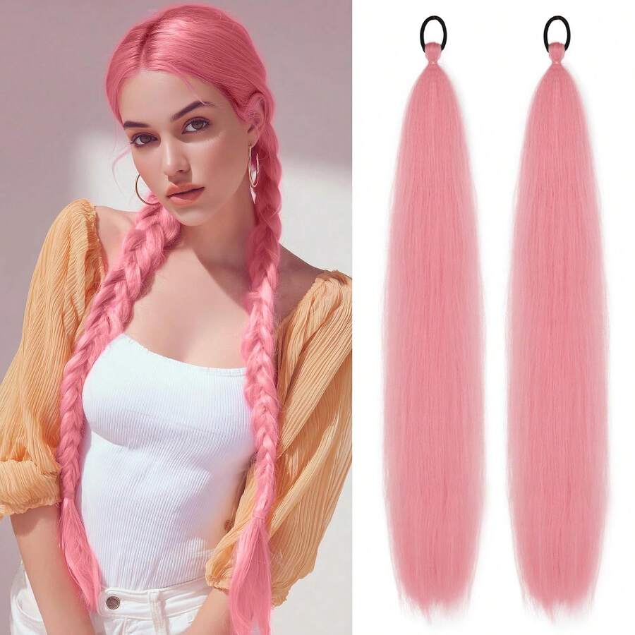 2 件装辫子马尾接发，带弹力绳，直发顺滑环绕式辫子接发，自然柔软合成假发，蓝色渐变，26 英寸，情人节、音乐节适用