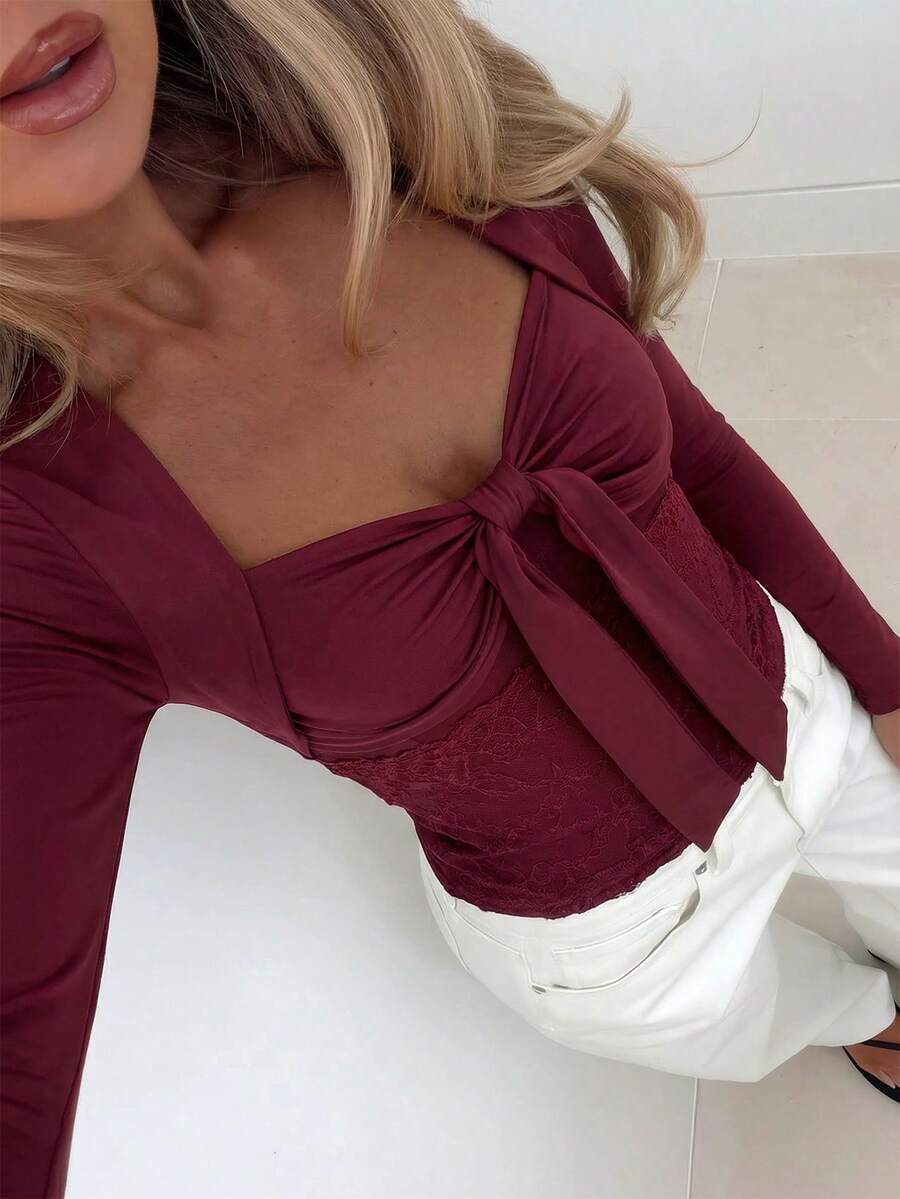 Áo dệt kim dài tay cổ tim dành cho nữ, có nơ trang trí, dáng suông, thích hợp mặc thường ngày.