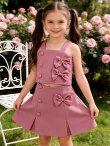 2pcs/Set Girls Cute Pink Outfit: Bow Strap Camisole + Side Button Shorts, Refreshing Summer Wear For Toddlers - Pink - View 5