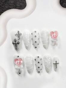 10pcs Gentle, Pure & Charming Nail Stickers Set, Acrylic Nail Art Kit, Including Silver Glitter Cross, White Bow, Light Pink Cross Heart, White Wave Pattern, Hand-Painted Asymmetrical Heart, Asymmetrical Silver Rhinestones, Fresh White Nail Polish Nails Nail Supplies - Multicolor - View 17