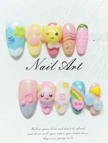 1片手工制作的按压式美甲贴纸，可爱简约风格，适合椭圆形指甲、短指甲，3D美甲艺术，手工3D卡通装饰，可爱美甲，假指甲，情人节美甲，高端品质，可重复使用，适合女性和女孩日常或节日佩戴，也可作为礼物 - 彩色 - 查看 1