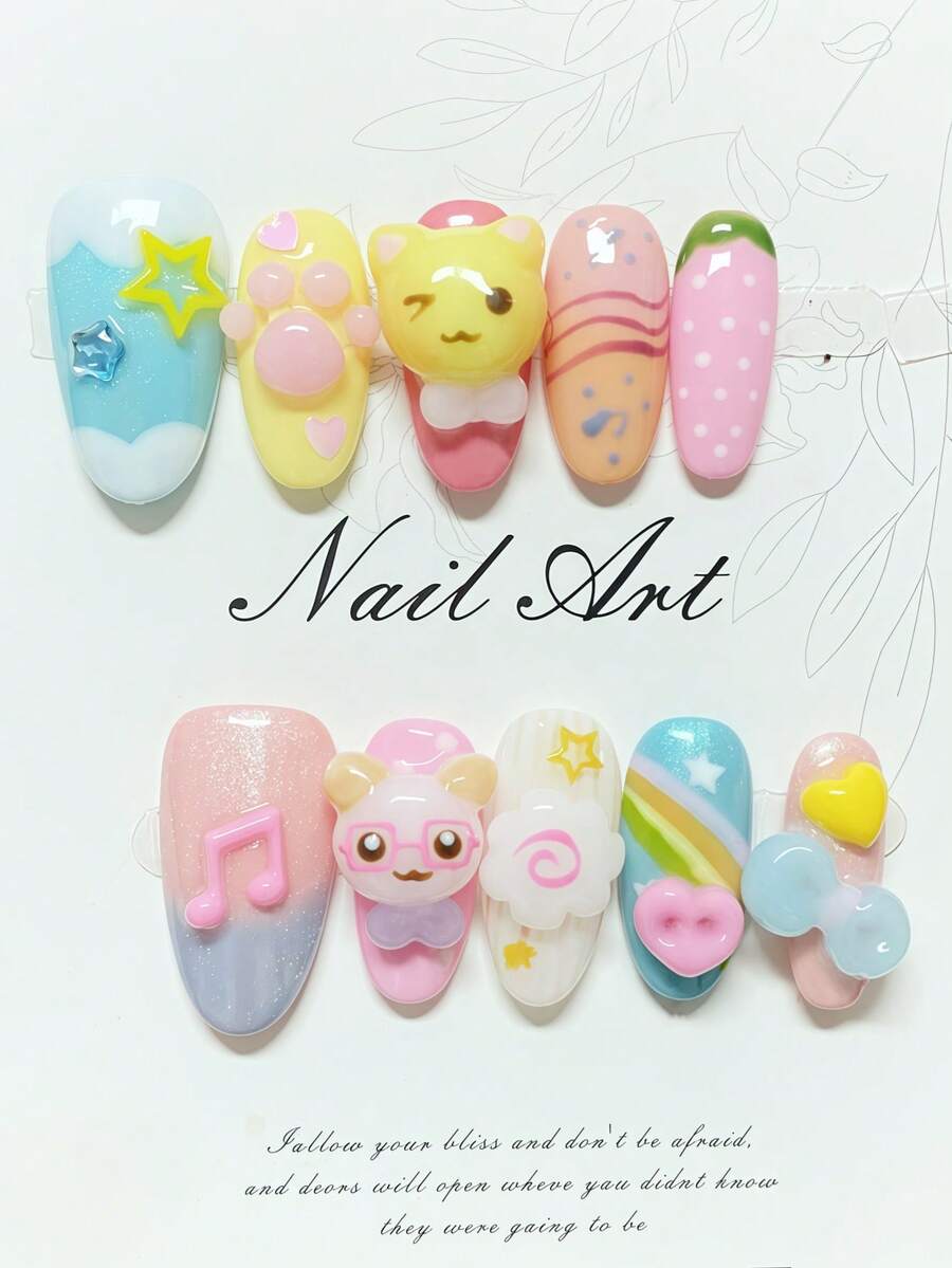 1片手工制作的按压式美甲贴纸，可爱简约风格，适合椭圆形指甲、短指甲，3D美甲艺术，手工3D卡通装饰，可爱美甲，假指甲，情人节美甲，高端品质，可重复使用，适合女性和女孩日常或节日佩戴，也可作为礼物 - 彩色 - 查看 1