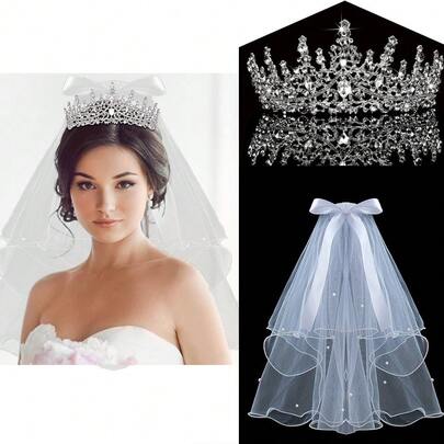 1 Set Silver Crystal Queen Crown, Bridal Headpiece Crown And Veil Set, Silver Crystal Rhinestone Princess Headpiece With Pearl Lace Veil, Suitable For Bride, Bridesmaid, Ball And Party Wedding Hair Accessories