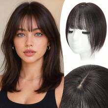 女士真人发片，12英寸自然黑色，带轻盈刘海，360°3D全方位覆盖，升级大底座，透气舒适，专为头发稀疏人士设计，透气内网 - SNatural - 查看 3