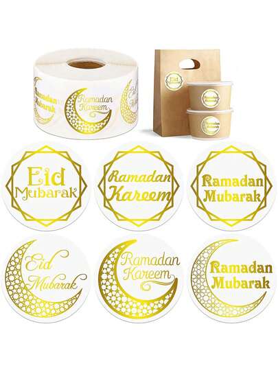 500pcs Gold Foil Stickers, Happy Eid Mubarak, Modern Style, Multi-Surface, Metallic Foil Paper, Round Shape, Eid Theme, Outdoor Use, Gift Packaging Stickers
