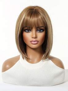 12-Inch Khaki Short Bob Wig With Bangs Is An Elegant And Fashionable Women's Wig. It Is A Heat-Resistant Synthetic Woven Wig Suitable For Festivals, Travels, Costume Parties, Family Gatherings, Role-Playing Actors, Weddings, And Daily Wear. It Is A Festival Gift For Women - 卡其色 - 查看 5