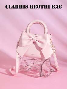 Small Bow Handbag, Commuter Small Square Bag, Large-Capacity Crossbody Bag, Wholesale Shoulder Bag, Tote Bag With Letter And Big Bow Design. - Pink - View 6
