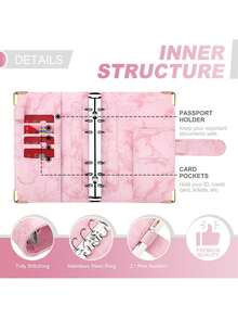 Pink Marble Design (Outer Shell) + 8 Zipper Pouches + A6 Cash Budget Cards (12pcs) + 2pcs English Stickers + Snap Button Label Sticker, A6 Loose-Leaf PU Leather Notebook - Multicolor - View 3