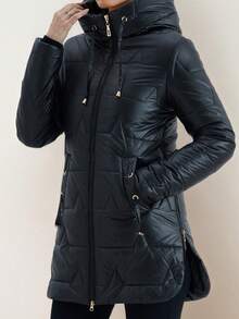 Mid-Length Glossy Down Jacket - Drawstring Hooded Collar With Metal Details | Warm For Autumn/Winter: Suitable For Daily Wear And Commuting - Black - View 4