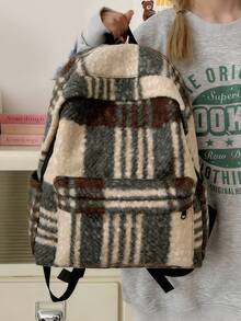 Women's Functional Backpack, British Style Bookbag, Retro Plaid Wool Felt Backpack, Versatile For Students And Daily Use - Green - View 3
