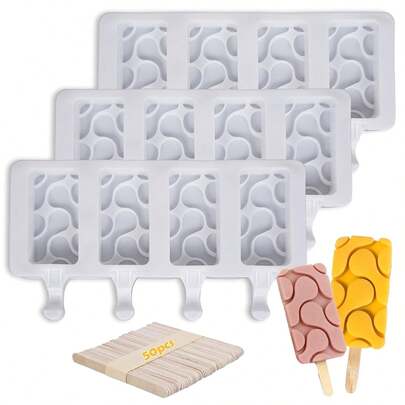 3 Pack Popsicles Molds Set,Ice Pop Molds Silicone 4 Cavities Ice Cream Water Ripple Cake Pop Mold With 50 Wooden Sticks For DIY Popsicle
