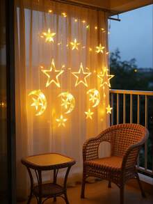 开斋节快乐 LED 窗帘灯 - 室内/室外闪烁星月灯，USB/电池供电，窗户/墙壁装饰，节日派对装饰（6 个星月 LED 灯） - 暖光 - 查看 3