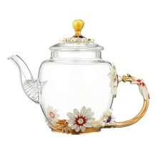 Tetera de vidrio - 300 ml 10 oz con decoración de flores, tetera de vidrio resistente al calor con borde dorado con hoja y patrón floral retro, juego de té (rosa) - Rosa - Ver 2