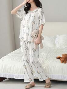 2 pièces Ensemble de pyjama pour femme, Top de cardigan col rond avec imprimé floral et ourson mignon tout-sur-tout, pantalon avec imprimé floral et ourson mignon tout-sur-tout, confortable et style anglais, convient pour le printemps, l'automne et l'hiver, tenue de détente à la maison - Champagne - Voir 3