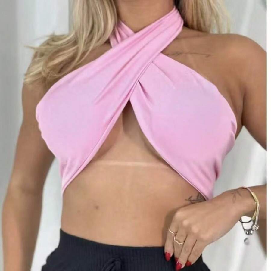 WO Cropped Top With A Crossover Neckline At The Front, Suplex Fabric With Built-In Cups, Multi-Way Cropped Top With Tie Closure. New Arrival. - Pink - View 1