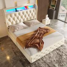Upholstered Bed 140x190 Cm With LED Lighting And USB Socket, Headboard With Shelves And Storage Space, Flat Double Bed With 4 Drawers, Velvet. - White - View 2