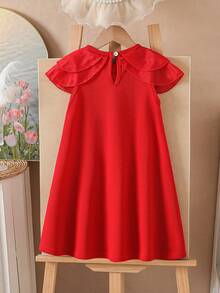 Young Girl' Fashion Casual Cute Mesh Double-Layer Collar Bow Sleeveless Dress - Red - View 2