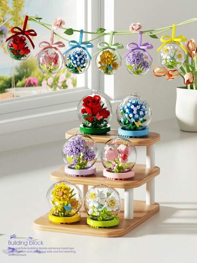 Assorted Mini Artificial Flower Crystal Ball, Children Building Blocks, Micro Particle Building Blocks, Flower Plant Pot Building Blocks, Educational Toys, Pendants And Desktop Decor With Bow Ribbons, Suitable For Home Decor, Birthday/Valentine's Day/Mother's Day/Thanksgiving/New Year Gifts