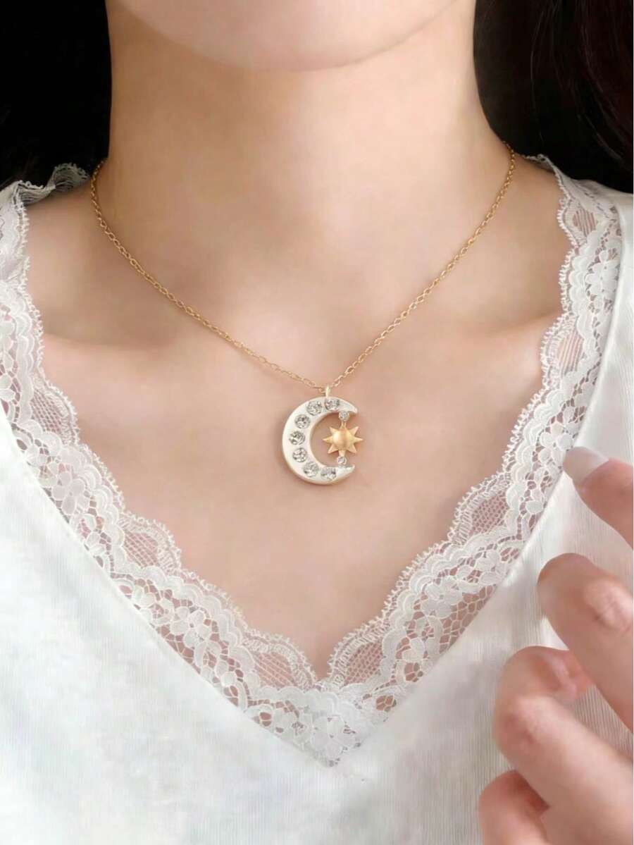 1件时尚日月水钻吊坠项链，优雅简约设计，适合日常、派对、约会等各种场合佩戴。 - 彩色 - 查看 1