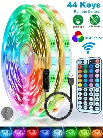 1pc Smart LED Light Strip, 44-Key Remote Control, Multi-Color Adjustable, Suitable For Bedroom, Living Room, Home Decor, Room Party, USB Powered, Holiday Decoration, Bar Atmosphere Lighting, LED Strip With Remote Control, RGB Lights, Color Adjustable, Self-Adhesive Backing, Applicable For Room Decor/Kitchen/Ceiling/Gaming/Party (Batteries Not Included)
