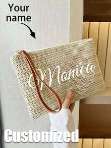 1pc Customizable Minimalist Style Straw Woven Bag, Fashion Beach Tote Bag, Casual Clutch Handbag, Women Straw Wrist Bag, Woven One Shoulder Mini Wallet, Retro Straw Handbag, Bohemian Style Summer Beach Bag - Multicolor - View 4