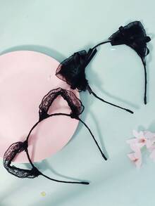2pcs/Set Lolita Style Polka Dot Mesh Cat Ear Headband, Sweet Ribbon & Hollow Lace Photography Props - Black - View 8
