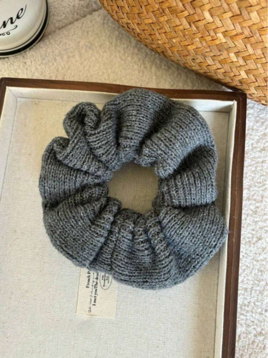 1pc Casual Versatile French Style Scrunchie Hair Tie ,Scrunchy Hair Ties - Gray Knitted Large Intestine Loop - View 1