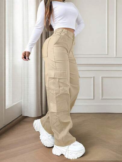 Solid-Color Multi-Pocket Buttoned Casual Y2K Leisure Elegant And Cute Work Pants. Suitable For Back-To-School, Clubs, Birthday Parties, Halloween, New Year, Thanksgiving, Concerts, Gyms, Beaches, Vacations, Business, Daily Airport Wear, Street Style, Teacher's Day, Spring, Summer, Autumn And Winter.