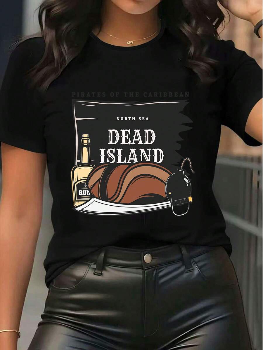 T-shirt graphique à manches courtes pour femmes avec imprimé bouteille de rhum et crâne. T-shirt décontracté à col ras-du-cou pour le streetwear estival - Noir - Voir 1