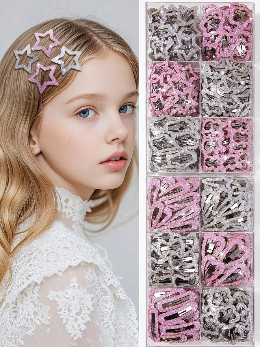 Bộ 20 chiếc kẹp tóc hình ngôi sao/ngôi sao năm cánh/trái tim/sao băng/giọt nước/mây/nơ/gấu màu hồng và bạc lấp lánh dành cho bé gái, kiểu dáng ngẫu nhiên, dễ thương và đơn giản, phù hợp sử dụng hàng ngày. - Nhiều màu - Xem 1