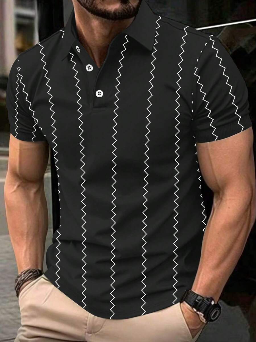 1pc Men's Summer Black & White Geometric Pattern Polo Shirt - Geometric Print Casual Short Sleeve Top - Black - View 1