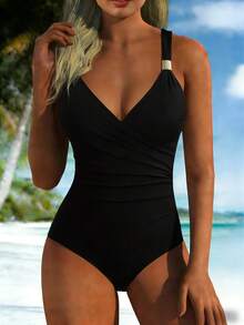 Women's Slimming V-Neck Cutout One-Piece Swimsuit, Sexy Casual Elegant Beach Vacation Style, Summer - Black - View 6