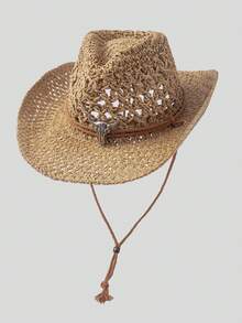 1顶复古镂空宽檐草帽,男女通用户外旅行沙滩遮阳帽,手工编织透气西部牛仔巴拿马帽,春夏款 - 鏤空草帽 - 查看 18