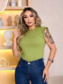 Blusas Femininas Básica Muscle Tee Minimalista T shirts feminina 100% Algodao Camiseta Luxo - Verde Pistache - Visão 4