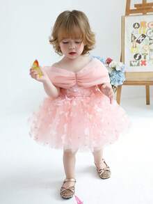 Baby Girls' Elegant Butterfly Applique Party Dress, Princess Dress Suitable For 1st Birthday Party, Wedding, Easter, Important Occasions - Pink - View 8