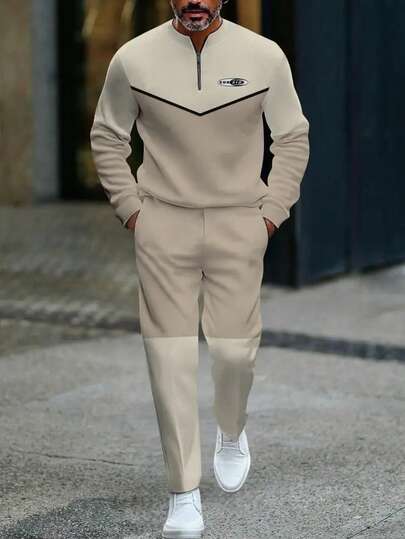 Long-Sleeved Sport Shirt And Drawstring Pants Casual Set, V-Neck Detail Light Gray Round Neck Long-Sleeved Top, With Black V-Shaped Stripes And Logo-Matched Drawstring Long Pants Loose Set, Suitable For Daily Wear, Sports And Street Style Sport Men's Four-Piece Set Fashionable Set