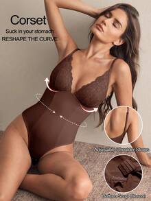 1pc Seamless Lace Deep V-Neck Shaping Bra, Effective Body Shaper Suitable For Weddings And Parties - Brown - View 1