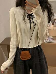 New Drawstring Design Long Sleeve Sweater Women, Knitted Pullover Top - Medium Apricot Color - View 8