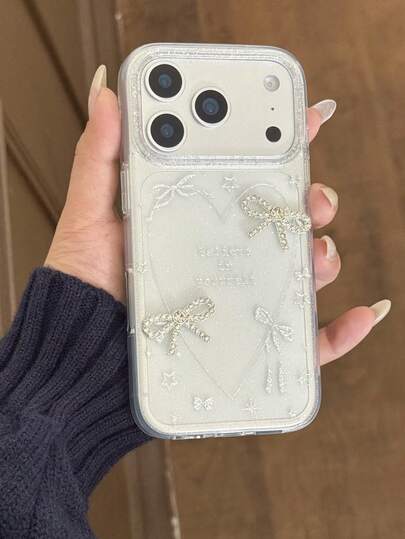A Glittering Powder Fantasy Three-Dimensional Bow Phone Shell, Light Luxury Fashion Personalized Anti-Fall Protective Shell, Compatible With Apple 17/ Apple 17promax/ Apple 16 Promax/ Apple 15 Pro/ Apple 14/ Apple 13/12/11, Suitable For Family/Friends/Sisters/Girlfriends Christmas Gifts