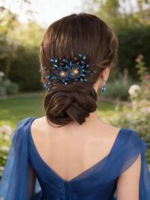 1pc Handmade Elegant Blue Flower Bridal Hair Clip, Rhinestone Headpiece Suitable For Wedding & Party - Blue - View 1