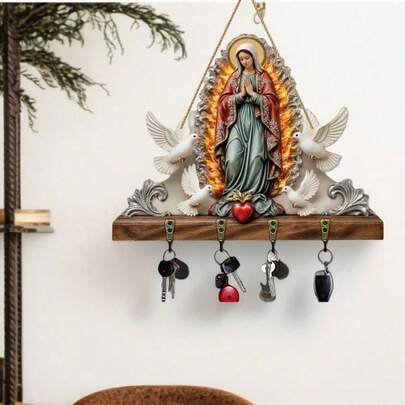 1 pieza Soporte de llaves de pared con forma de Virgen María, Decoración de pared de madera con ganchos, Perchero multifuncional, Estilo bohemio y de granja, Fácil instalación. Se puede colgar en la pared, adecuado para porche, habitación, dormitorio, cabaña y diversos decoraciones del hogar durante todo el año.