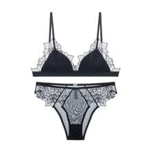 MOYISU-Sujetador trasero Sexy de encaje rojo, malla bordada francesa, sin anillo de acero, copa triangular, pecho grande, conjunto de ropa interior pequeña - sujetador negro - Ver 2