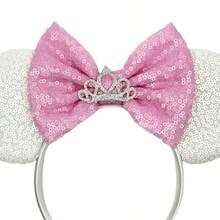Disney 1pc Shiny Creative Cute Pink & White Princess Queen Crown Theme Mouse Big Ear Sequin Headband, Student Party Costume Accessory
