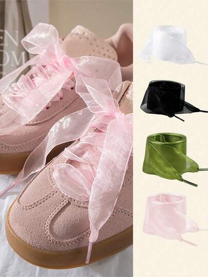 1 par de cordones de zapato de mujer de 120 cm de estilo ballet minimalista transparente de gasa y malla con cinta, adecuado para zapatos de vestir, zapatos casuales y talla grande