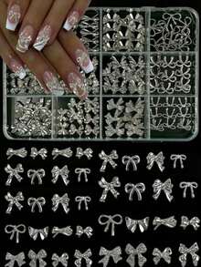 120pcs 3D Silver Bow Nail Art Charms, 12-Grid Y2K Alloy Bow Nail Art Charms, Luxury Shiny Silver Bow Nail Art Studs, 12 Types Silver Bow Nail Art Charms DIY - Multicolor - View 1